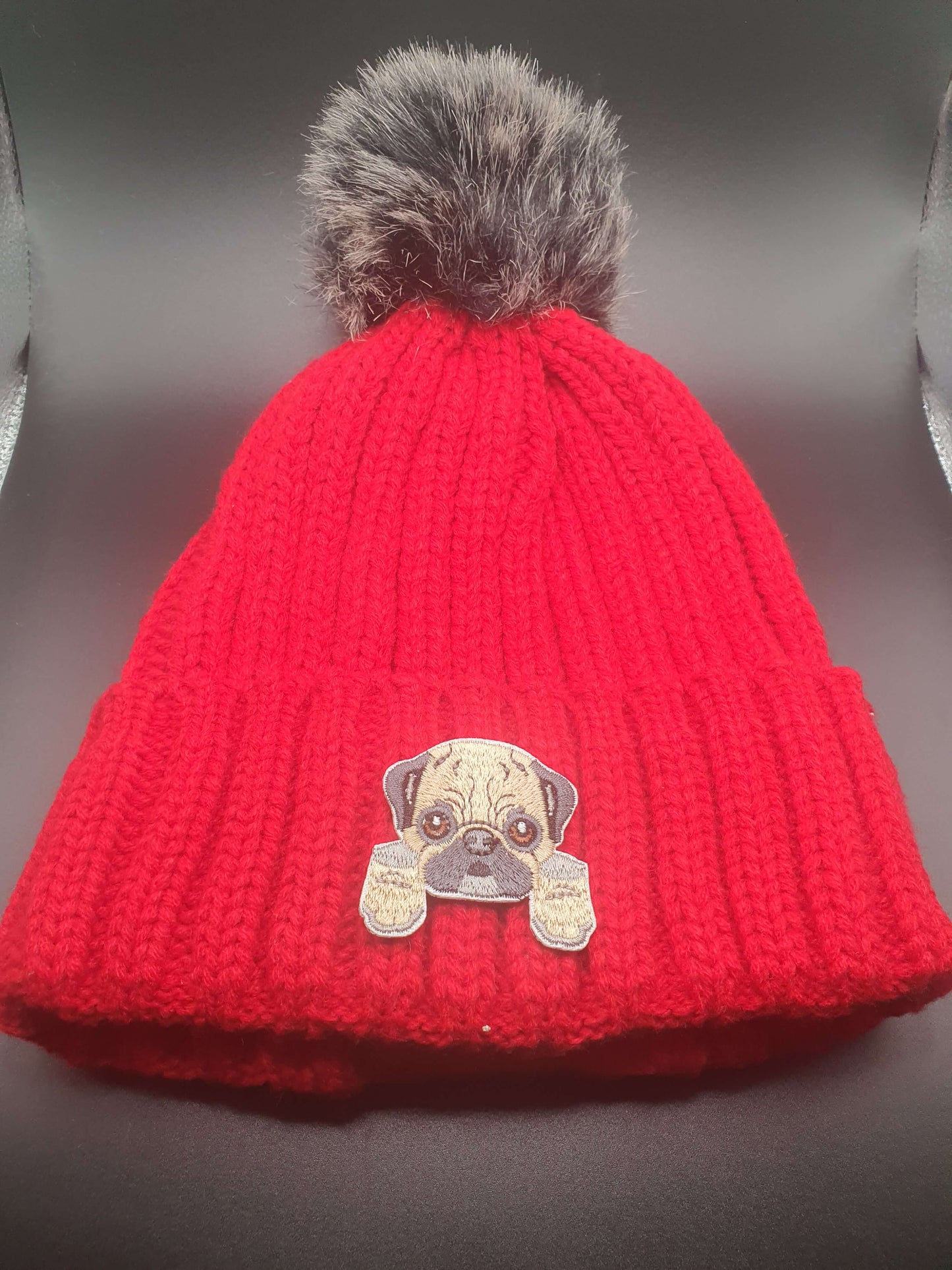 Dog Themed Knitted Beanies - Style's Bug Pug / Red