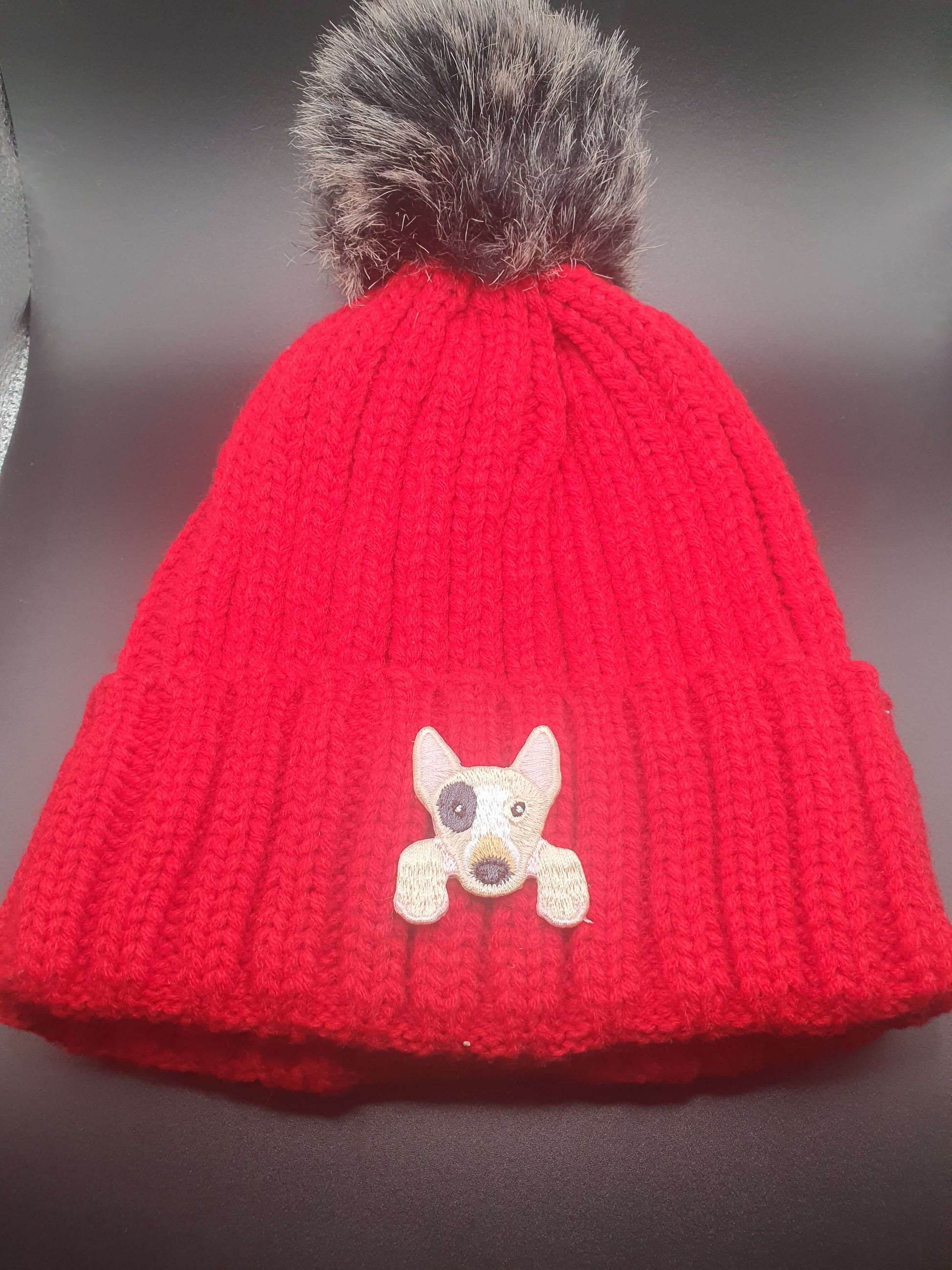 Dog Themed Knitted Beanies - Style's Bug Bull Terrier / Red