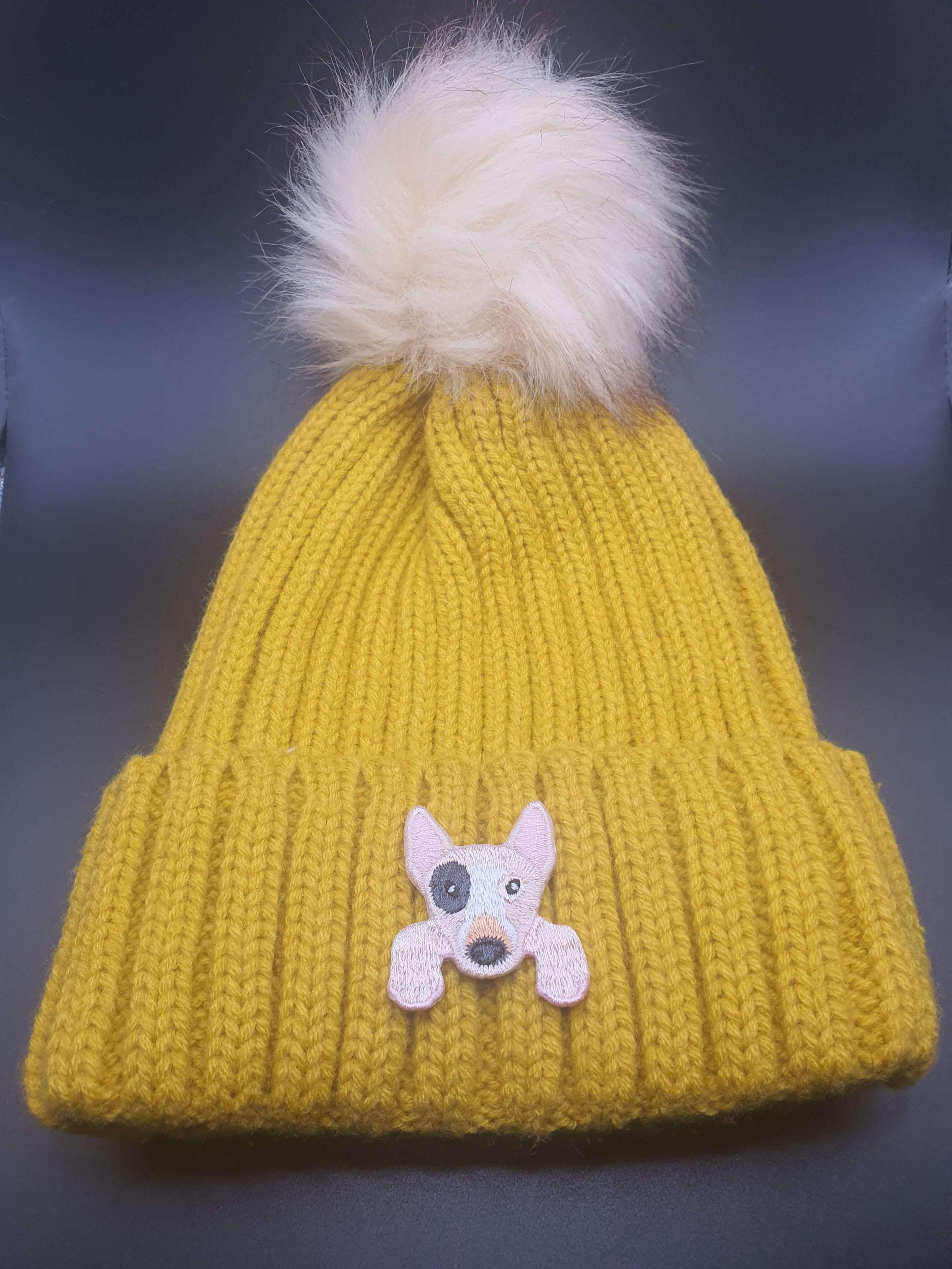 Dog Themed Knitted Beanies - Style's Bug Bull Terrier / Yellow