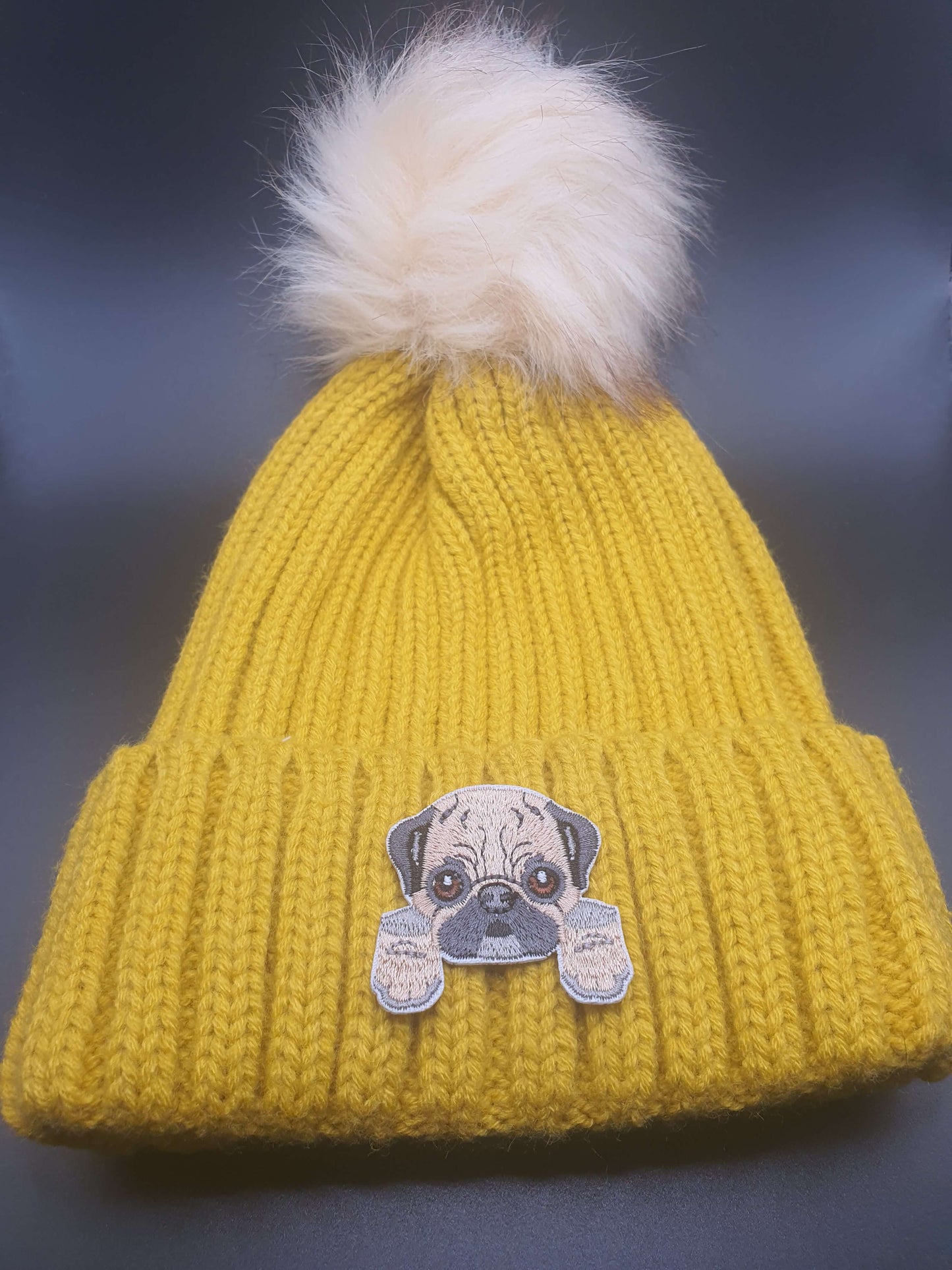 Dog Themed Knitted Beanies - Style's Bug Pug / Yellow