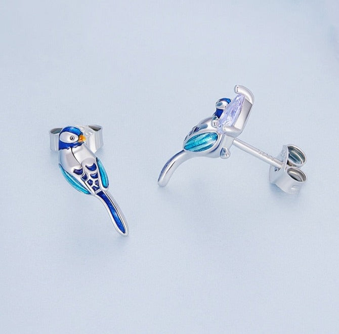 "Blue Budgie on the Silver branch" Jewelry Set