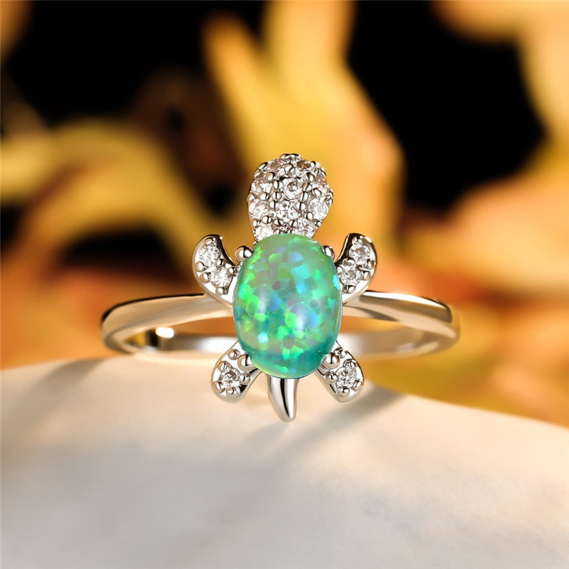 Zircon Turtle ring - Style's Bug Green Opal / 6