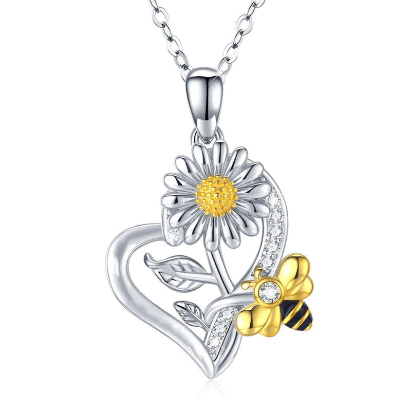 "Golden bee & the Flower" Necklaces by SB - Style's Bug Silver Flower + Crystal heart