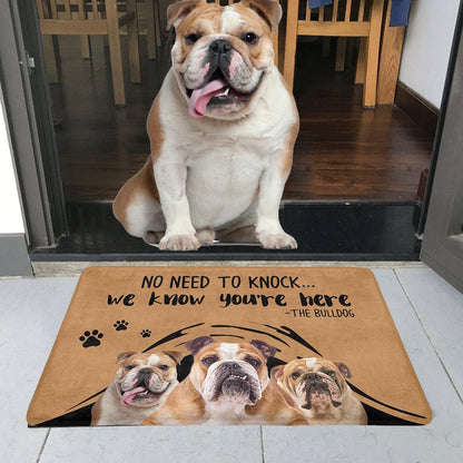 Funny Bulldog mats by Style's Bug - Style's Bug "No need to knock we know you are here"