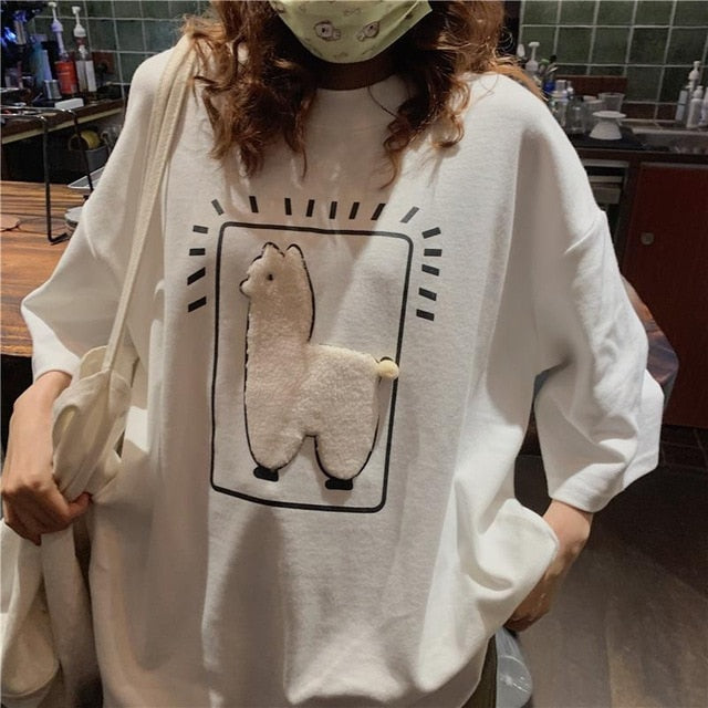 Llama/Alpaca Oversized T-shirt - Style's Bug White / M