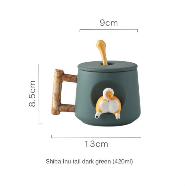 Shiba Inu mug by Style's Bug (Mug + Lid + Spoon) - Style's Bug Dark green + Shiba's Butt