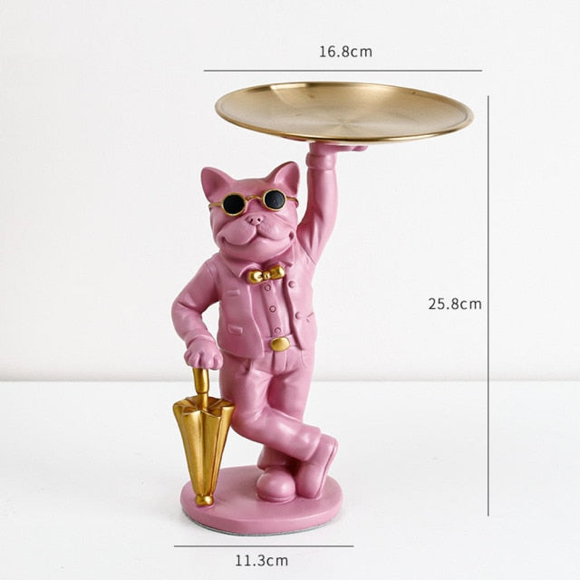 "Frenchie the waiter" Statue trays by Style's Bug - Style's Bug Standing with an umbrella - Pink