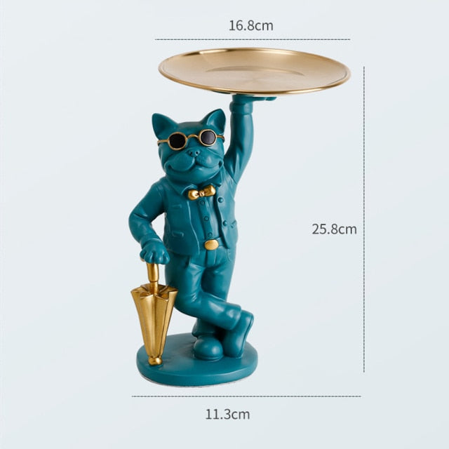 "Frenchie the waiter" Statue trays by Style's Bug - Style's Bug Standing with an umbrella - Blue