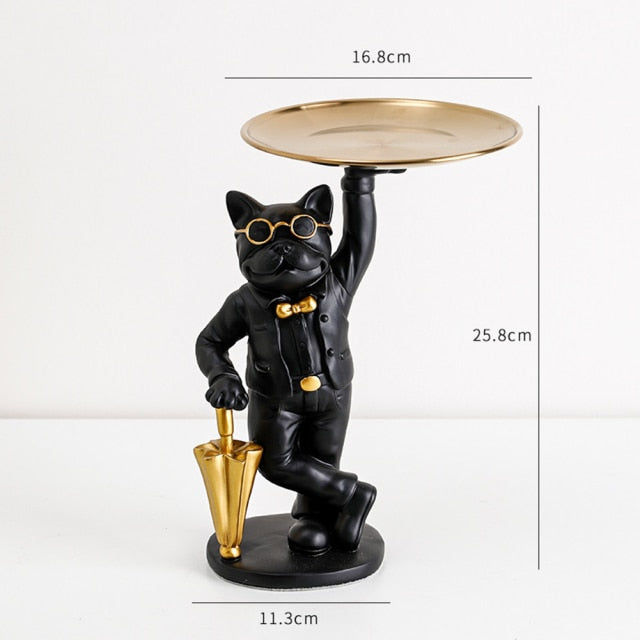 "Frenchie the waiter" Statue trays by Style's Bug - Style's Bug Standing with an umbrella - Black