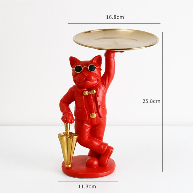 "Frenchie the waiter" Statue trays by Style's Bug - Style's Bug Standing with an umbrella - Red