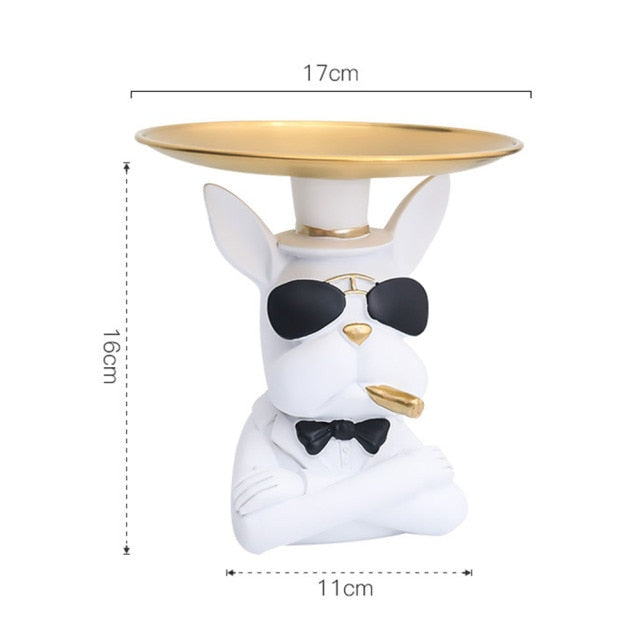 "Frenchie the waiter" Statue trays by Style's Bug - Style's Bug Crossed arms + Cigar - White
