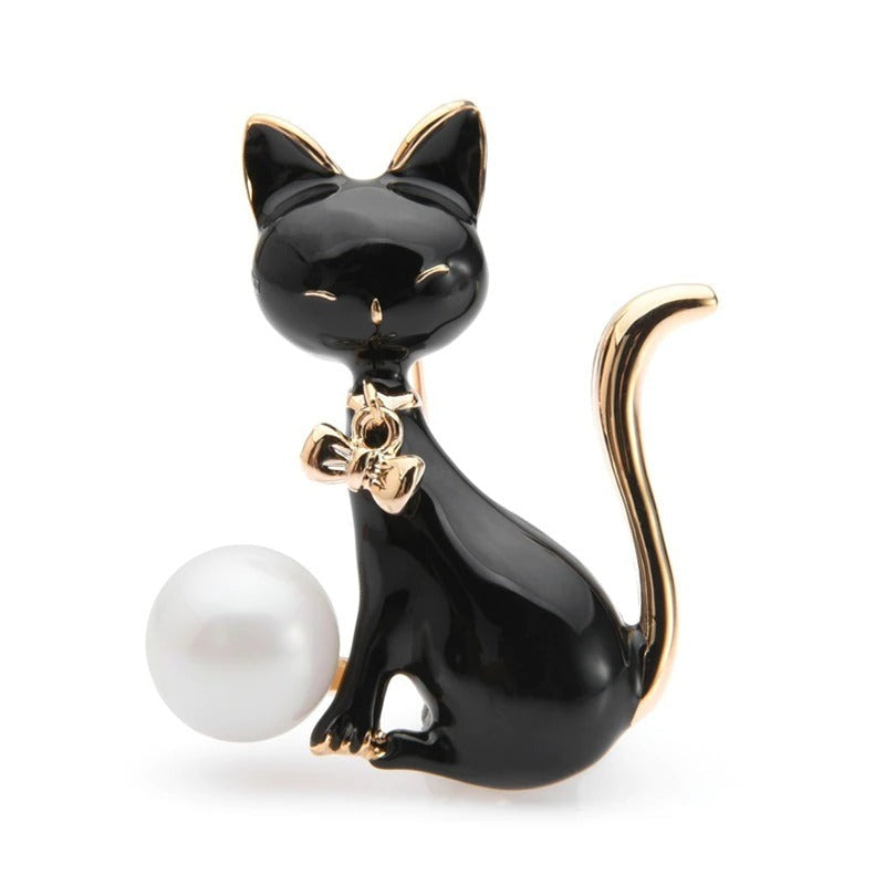 Artistic Black cat brooches - Style's Bug 2 x "Miss. Cat with the pearl" brooches